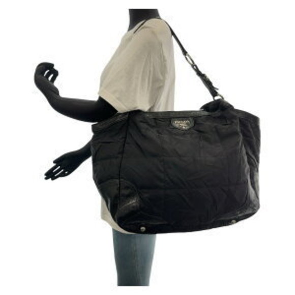 PRADA Tessuto Wrinkled Triangle Black Nylon Leather Hobo Shoulder Bag - Picture 7 of 9